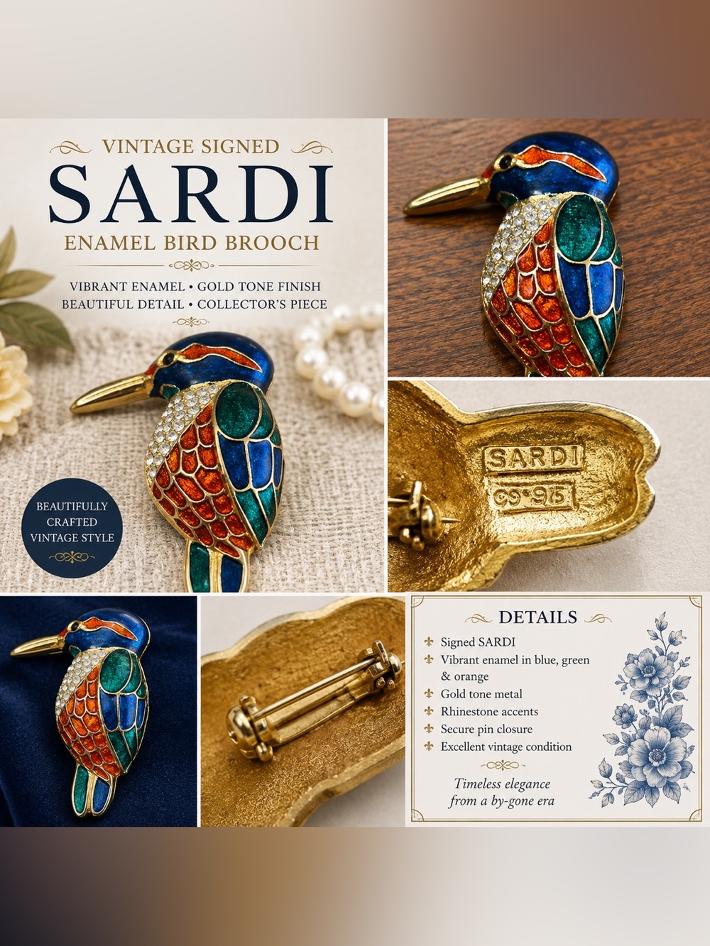 RDI Vintage Enamel Parrot Brooch in Blue, Green & Orange
